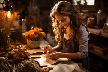 Young girl crafting a hand-made Thanksgiving card to give to a family member, Generative AI