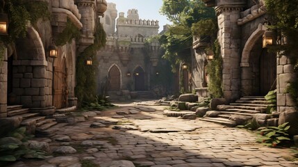 Obraz premium a stone courtyard with buildings in the background