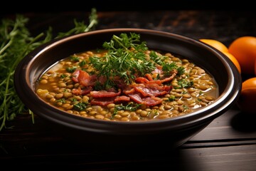 A plate of hearty bacon and lentil soup garnished with fresh herbs