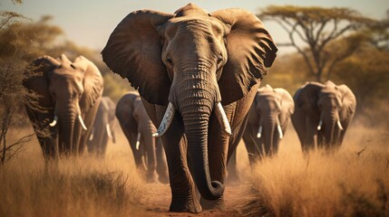 a herd of elephants walking through the wild - obrazy, fototapety, plakaty