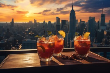 A rooftop bar scene with glasses of rum punch against a city skyline, merging urban sophistication with exotic allure - obrazy, fototapety, plakaty