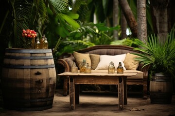 A rustic outdoor setting with a wooden barrel and glasses of rum punch, evoking the charm of traditional libations