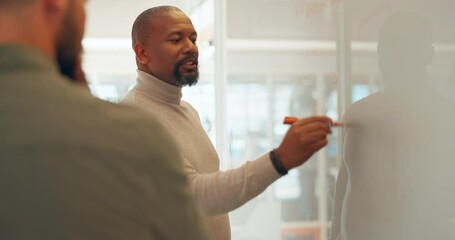 Training, presentation and whiteboard with a business black man coaching his team in the office boardroom. Meeting, leadership and work education with a mature male employee writing in a workshop