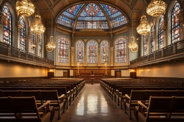 Fototapeta premium Colorful church interior with stunning stained glass windows and rows of wooden pews