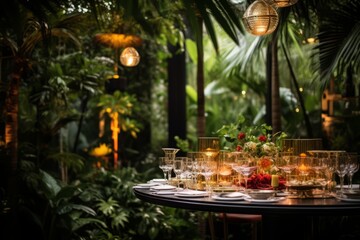 Fototapeta premium A tropical garden party with guests enjoying glasses of rum punch amidst lush greenery, encapsulating natural luxury