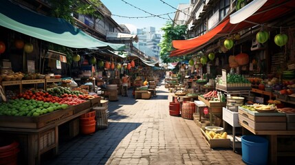 a street with fruit and vegetables