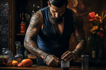 A Closeup View of a Muscular, Tattooed Man Showcasing His Mixology Skills While Preparing Cocktails Crafting Elegance