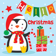 Cute Penguin with Christmas Gifts and Candy cane