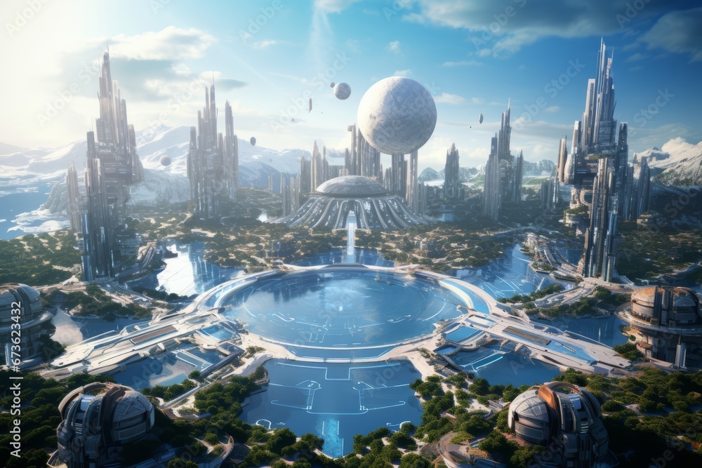 Poster aerial view of a futuristic city designed for optimal resource utilization