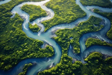 Aerial view of a winding river captured from above by drone technology