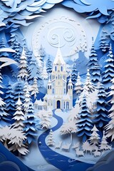 Fototapeta premium Merry chrismas and winter with snow and christmas tree. Paper art style. Crismass paper decorations, white and blue