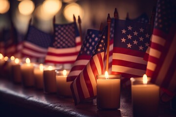 An American flag gently draped over a row of memorial candles with a warm glow on Patriot Day - obrazy, fototapety, plakaty