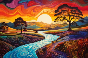 An artistic representation of a watershed in vibrant colors, symbolizing the interconnectedness of land, water, and the importance of monitoring