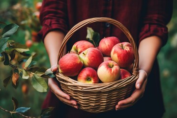 Person's hands arranging a basket of freshly picked apples, showcasing the bounty of the fall harvest