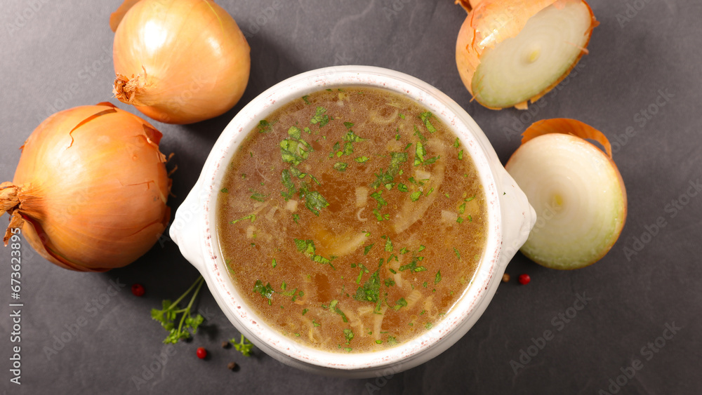 Poster french food, onion soup in bowl