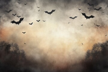 Swarm of bats in flight against a dramatic cloudy sky