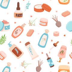Seamless pattern with skin care products flat cartoon illustrations, body lotion, face toner and cream. Vector cosmetic objects in tube with leaves on white background