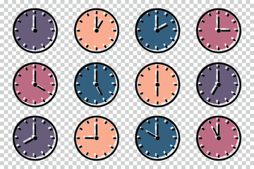 Clock Icons With Different Times - Vector Illustrations Isolated On Transparent Background