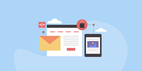 Secure email communication network, cloud computing technology, website data display on tablet screen, online message, electronic mail service, vector illustration web banner.