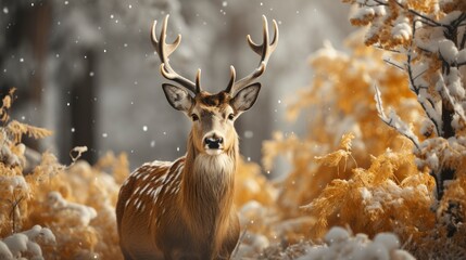 Beautiful Golden Deer With Snowflakes Christmas Greet , Merry Christmas Background ,Hd Background