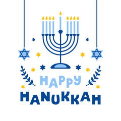 Hanukkah flat vector illustration isolated on a white background. Traditional jewish holiday greeting card design with happy hanukkah congratulation