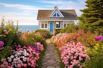 Fototapeta na wymiar Coastal charm: a beach house nestled among vibrant flowers