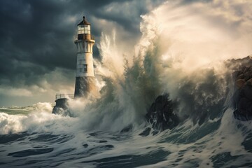Fototapeta na wymiar Coastal lighthouse standing as a sentinel against crashing waves