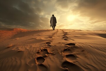 Conceptual image of a person looking back at footprints in the sand, symbolizing fears of the past - obrazy, fototapety, plakaty