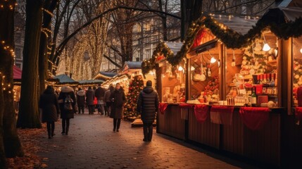 Charming Christmas market in the evening with lights. Merry Christmas and Happy New Year concept.