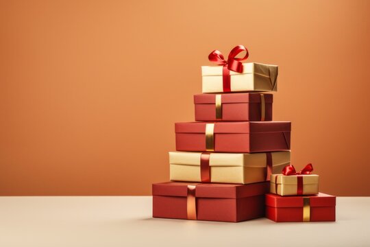 Festive stack of beautifully wrapped red and gold presents