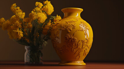 an orange vase of yellow flowers on a dark background