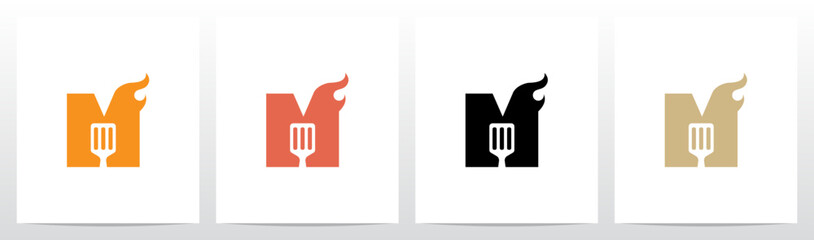 Spatula And Flame Cooking Frying On Letter Logo Design M