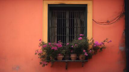 Fototapeta na wymiar a pink-painted wall with a window and flowers in it