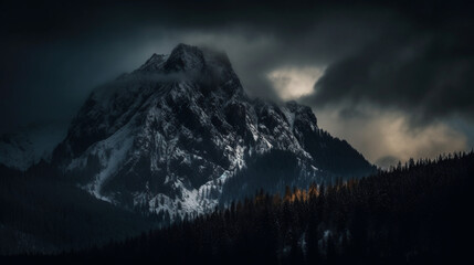 a snow-covered mountain under a dark sky