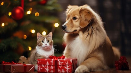 Fototapeta na wymiar Cute cat and dog near the Christmas tree and gifts. Merry Christmas and Happy New Year concept.