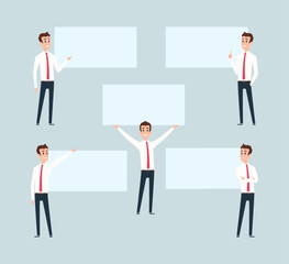 Businessman pointing. Manager standing near empty ads board with place for text. Vector template