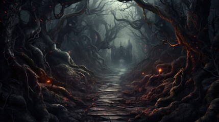 Dark and eerie forest with twisted branches and fallen leaves, creating a hauntingly beautiful Halloween landscape