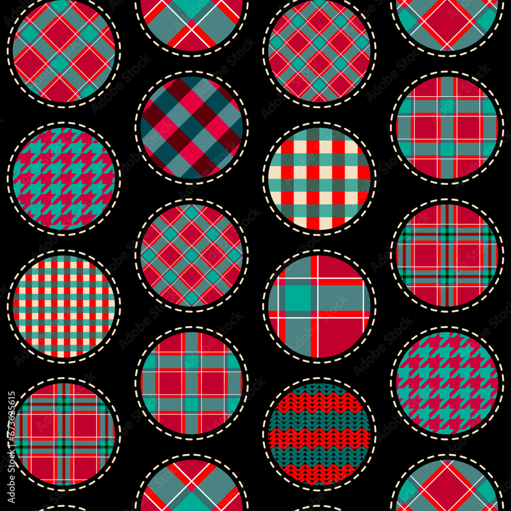 Poster Patchwork textile pattern. Seamless quilting design background. Merry Christmas cozy pattern.