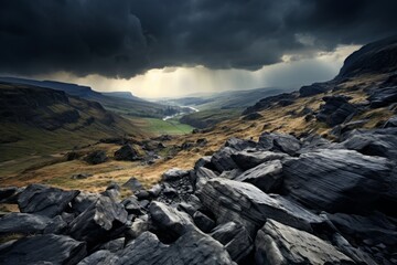 Dramatic landscape with a dark sky and rocky terrain