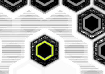 Hexagonal cells with different layers of grid dot shading and abstract lines with a yellow hexagon surrounded by a white space shaded with scan lines