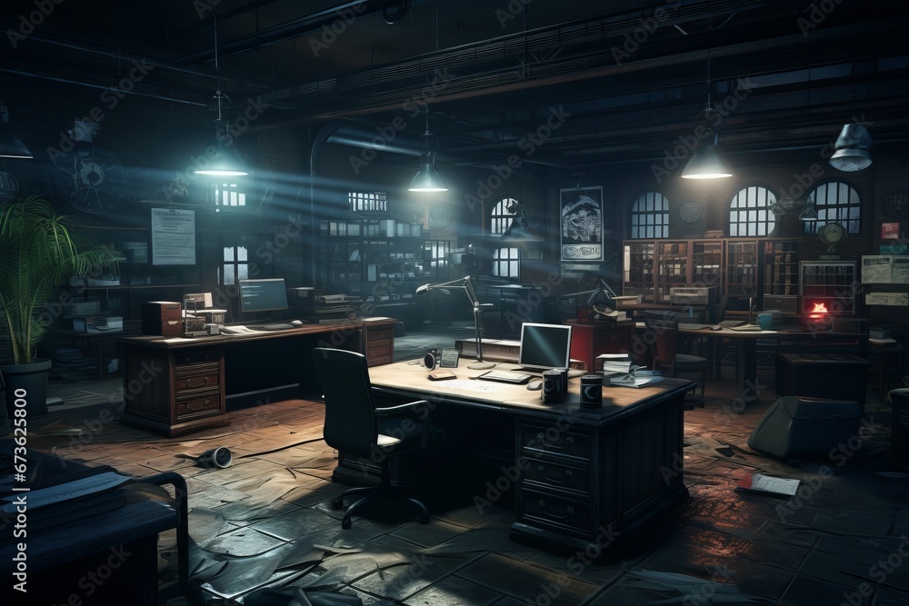 Poster dynamic capture of a virtual detective analyzing forensic evidence to solve a compelling mystery in 