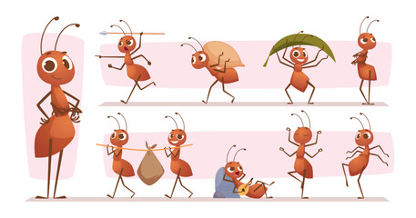 Cartoon ants. Mascot bugs running jumping standing exact vector ants in action poses