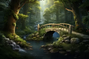 Tuinposter Enchanted forest scene with a small bridge over a babbling brook © KerXing