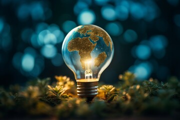 Light bulb with the earth inside, representing sustainability and innovation - obrazy, fototapety, plakaty