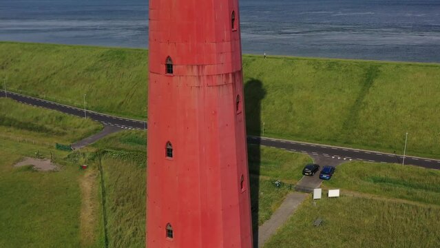Drone shot, close-up, drone flight from the lighthouse Huisduinen, called the long Jaap with the North Sea in the background, Nieuw Den Helder, Huisduinen, province North Holland, Netherlands