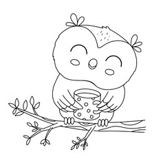 Cute little owl sitting on tree branch with cup of coffee. Vector outline sketch for childish coloring book. Funny bird