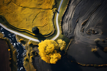aerial view from above of a field and trees, near obleck, germany, in the style of vibrant, exaggerated scenes, british topographical