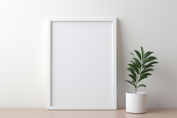White picture frame next to a potted plant