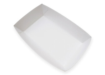 Empty white paper food tray isolated on white background with clipping path, top view. Mock up template, no label. Disposable, eco friendly, recycle packaging concept.