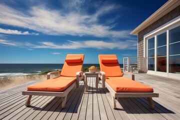 Fototapeta premium Relaxation at the beach house with lounging chairs on the deck